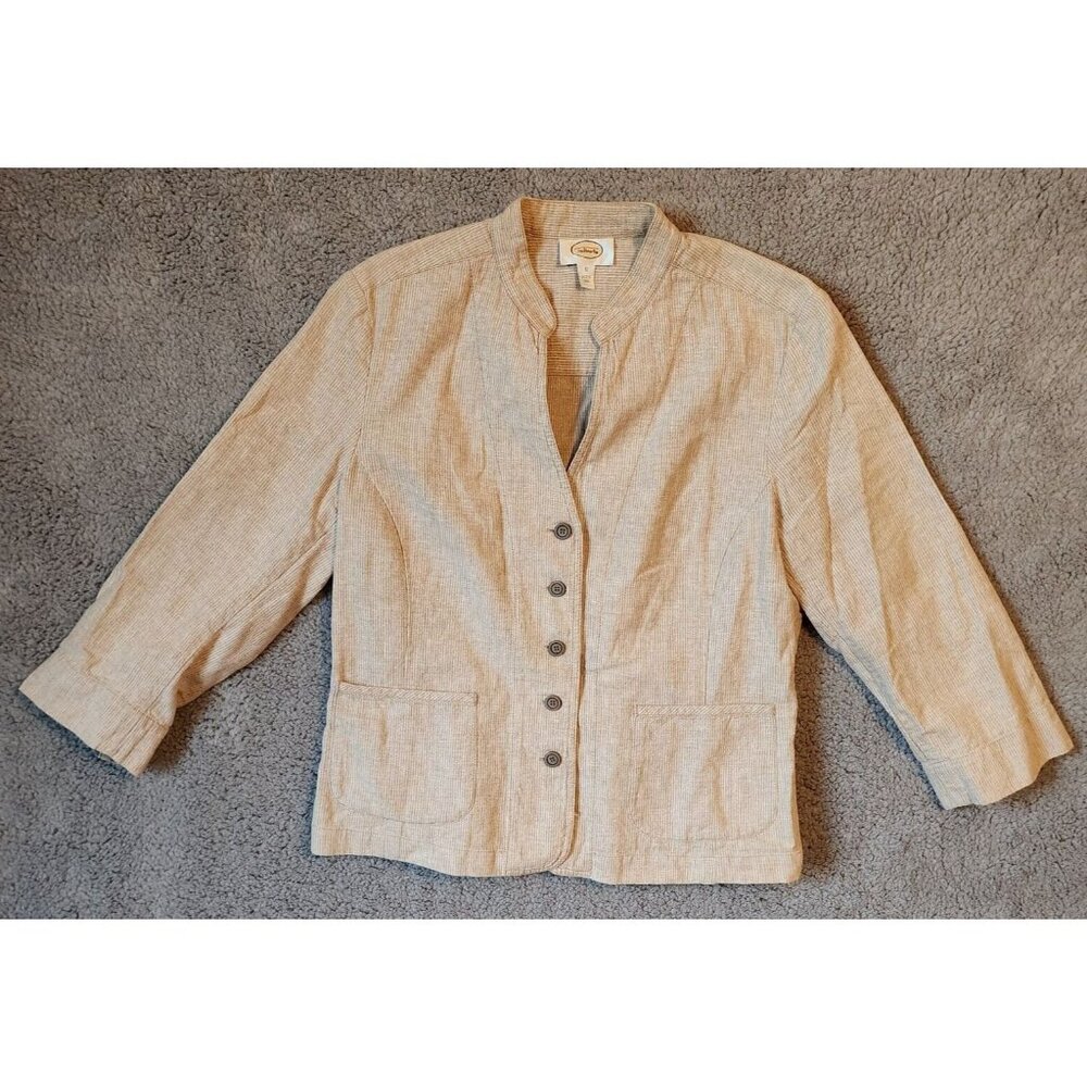 Vtg Talbots Womens 3/4 Sleeve 5 Button Front Blazer Jacket Linen Blend Tan Sz 12
